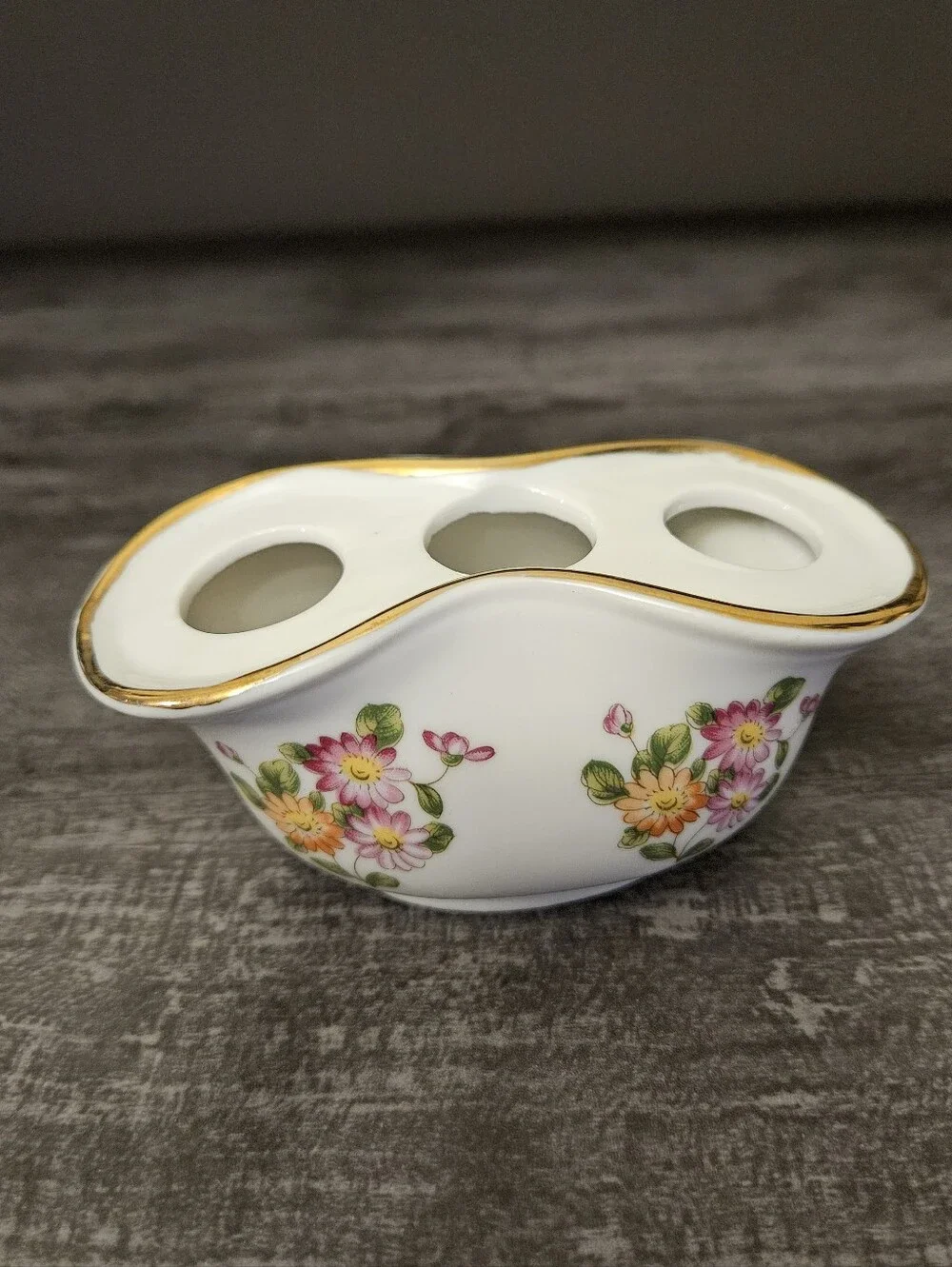 Vintage Hand-Painted Porcelain Flower Frog / Toothbrush Holder with Gold Trim
